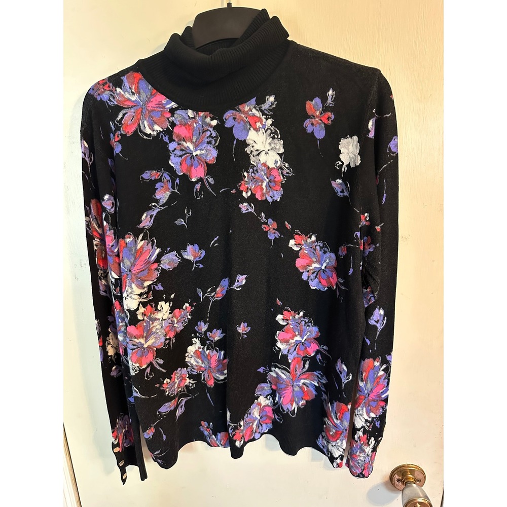 Chicos Floral‎ Turtleneck Sweater Black Purple Pink Button Cuff Size 2 Large